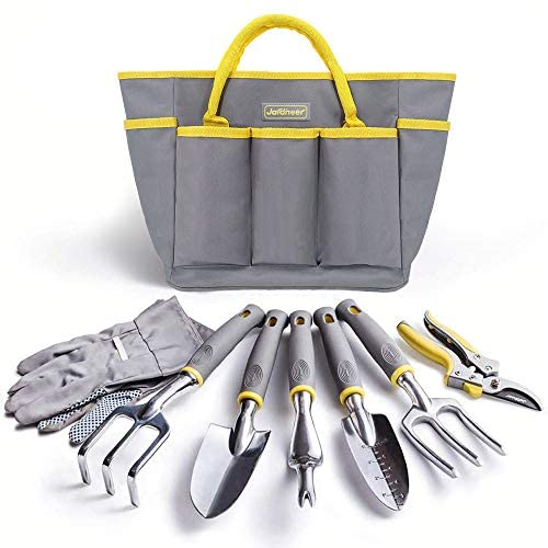 Jardineer Garden Tools Set, 8PCS Heavy Duty Garden Tool Kit with Outdoor Hand Tools, Garden Gloves and Storage Tote Bag, Gardening Tools Gifts for Women and Men