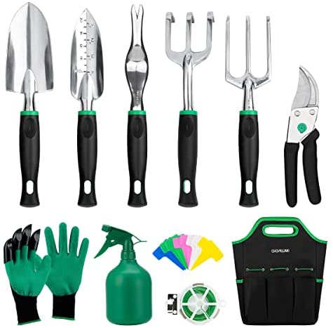 GIGALUMI 20 Pieces Garden Tools Set, Heavy Duty Premium Gardening Tools with Storage Tote Bag, Aluminum Garden Trowels, Rake, Plant Tags, Gardening Gloves, Garden Tools Gifts Set for Women/Wife/Mother