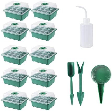 120(10X12) Cells Seedling Starter Trays Kit Green House Supplies Seed Trays with Dome and Base, Plus Planting Tools , 12 Cells Per Tray