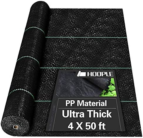 HOOPLE 4 X 50 ft Weed Barrier Fabric, PP Material, Premium Garden Landscape Fabric for Flower Bed, Yard, Heavy Duty Ground Cover with Green Guide Strip Helps Align Plants, Ultra Thick, Black