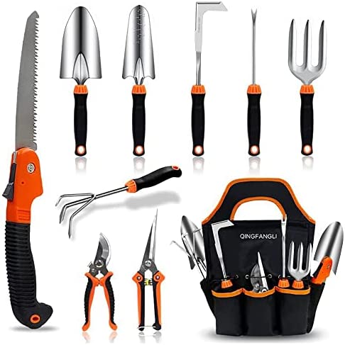 Garden Tool Set,10 PCS Stainless Steel Heavy Duty Gardening Tool Set with Soft Rubberized Non-Slip Ergonomic Handle Storage Tote Bag,Gardening Tool Set Gift for Women and Men