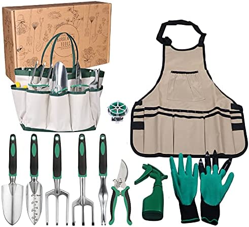 Garden Tools Set,Gardening Tools for Woman Man Gardening Kit 11 Pieces,Gardening Tools for Gardening Gifts,Heavy Duty Aluminum Hand Tool,Handle Gardening Planting Tool Set with Apron,Storage Tote Bag