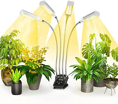 Plant Grow Light with LCD, Ten Minutes Level Timer, 10 Adjustable Brightness, 4-Head Full Spectrum Grow Light for Indoor Plants, Led Clip-on House Plant Growing Lamp for Seedlings (Short Bulb)