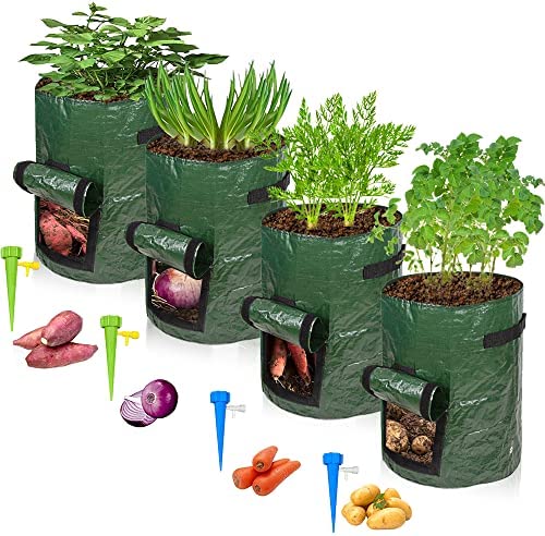 Auofin 4 Pack Potato Grow Bags 10 gal, Garden Planting Bags Thick PE Potato Planter for Growing Potatoes Vegetables, with Handles and Flap, with Self-Watering Stakes