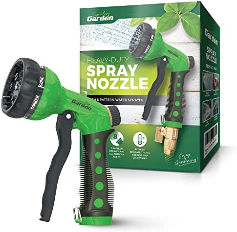 Signature Garden Heavy-Duty Water Hose Spray Nozzle – Comfort-Grip Hose Attachment – 8 Different Spray Patterns – Garden Hose Nozzle for Watering Lawns & Gardens, Washing Cars & Pets (Green)