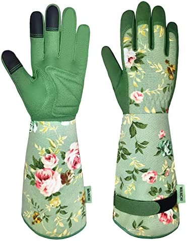 WANCHI Gardening Gloves for Women, Long Leather Garden Gloves, Ladies Light Protective Gloves for Yard & Outdoor Work