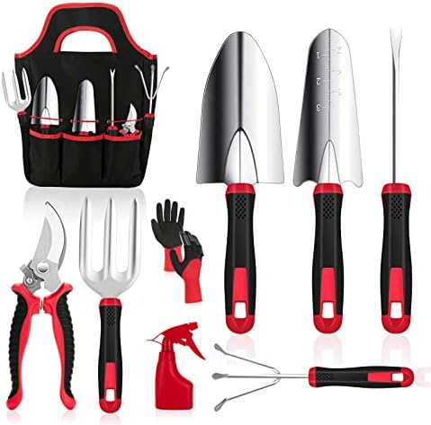 Gardening Tools, MOXILS 9 Pieces Stainless Steel Heavy Duty Gardening Tool Set, with Non-Slip Rubber Grip, Storage Tote Bag, Outdoor Hand Tools, Ideal Garden Tool Kit Gifts for Parents and Kids