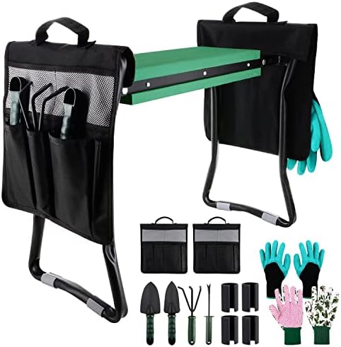 Garden Kneeler and Seat, Foldable Gardening Stool Portable EVA Foam Pad Outdoor Accessorie Gardening Gifts for Women/Grandparents with 2 Tool Pouches /2 Pair Gloves/4 Tool Accessorie( Large Black )