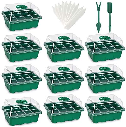 UWIOFF Seed Starter Tray, 10-Pack 120 Cells Seedling Starter Trays, Humidity Adjustable Seed Tray Kit with Dome and Base Greenhouse Grow Trays Mini Propagator for Seeds Growing Starting