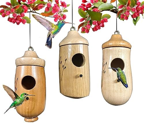 Hummingbird House – Natural Wooden Hummingbird Houses, Bird House Bird Houses for Outside Hanging, Hummingbird Gifts Gardening Decoration, 3 Packs (ABC)