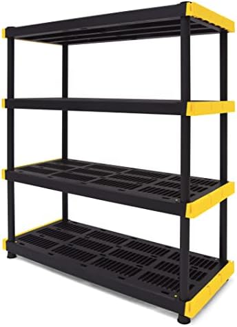 CX Black & Yellow®, 4-Tier Heavy Duty Plastic Storage Shelving Unit, 200lbs/shelf (55”H x 48”W x 20”D), for Indoor/Outdoor Organization, Modular Rack