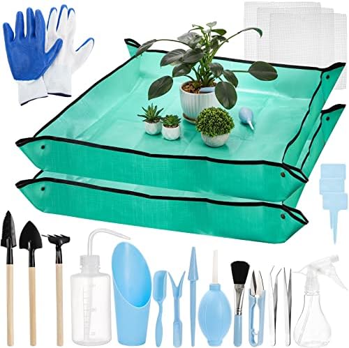 TOPZEA 23 Pack Succulent Tool Set, 2 Pack 39.4″ Plant Repotting Mat Indoor Transplanting Tool Supplies Miniature Bonsai Hand Tool Kit with Plant Potting Mat, Garden Mini Gardening Tools for Plant Care